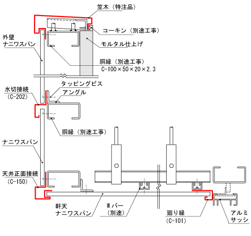 縦断面図（笠木・接続・水切・軒天）